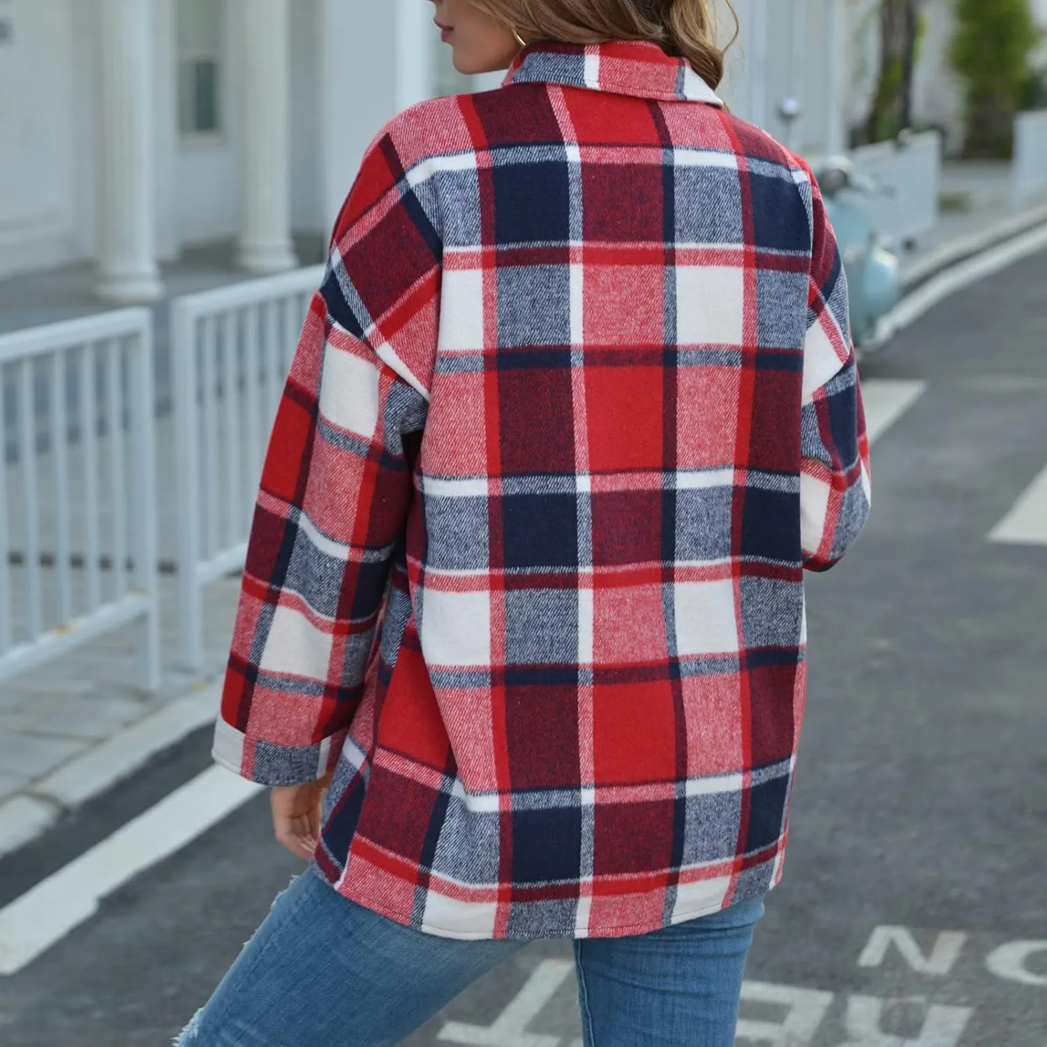TANGNADE Plaid Jacket for Women Plus Size Fall Color Block Flannel Shacket Jacket Button Down Shirt Long Sleeve Coat Tops