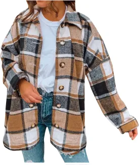 TANGNADE Plaid Jacket for Women Plus Size Fall Color Block Flannel Shacket Jacket Button Down Shirt Long Sleeve Coat Tops