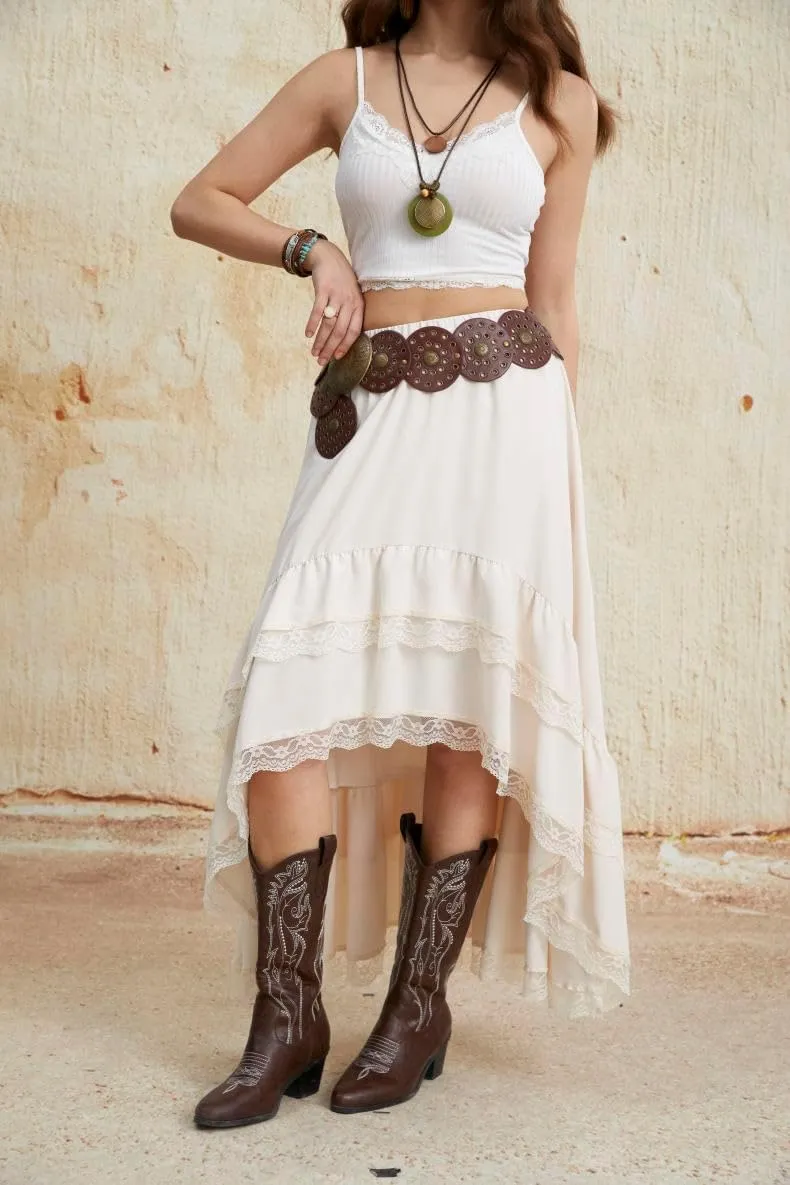 Verdusa Women's Western Boho Lace Asymmetrical Skirt Ruffle Country Cowgirl Skirts