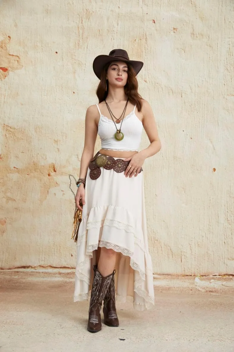 Verdusa Women's Western Boho Lace Asymmetrical Skirt Ruffle Country Cowgirl Skirts