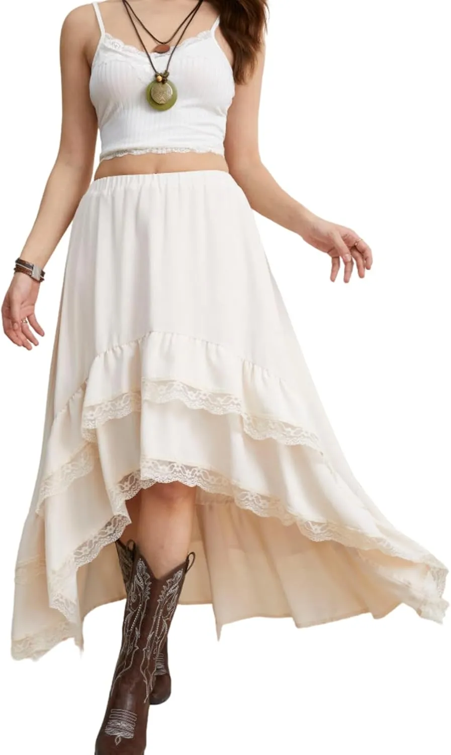 Verdusa Women's Western Boho Lace Asymmetrical Skirt Ruffle Country Cowgirl Skirts