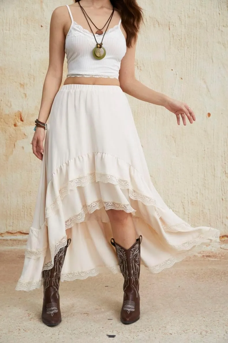 Verdusa Women's Western Boho Lace Asymmetrical Skirt Ruffle Country Cowgirl Skirts