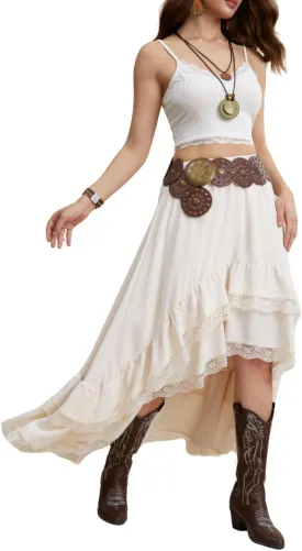 Verdusa Women's Western Boho Lace Asymmetrical Skirt Ruffle Country Cowgirl Skirts