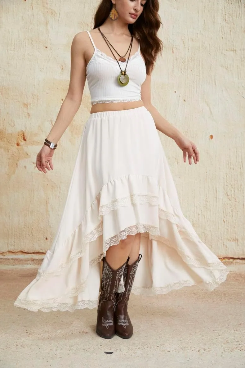 Verdusa Women's Western Boho Lace Asymmetrical Skirt Ruffle Country Cowgirl Skirts
