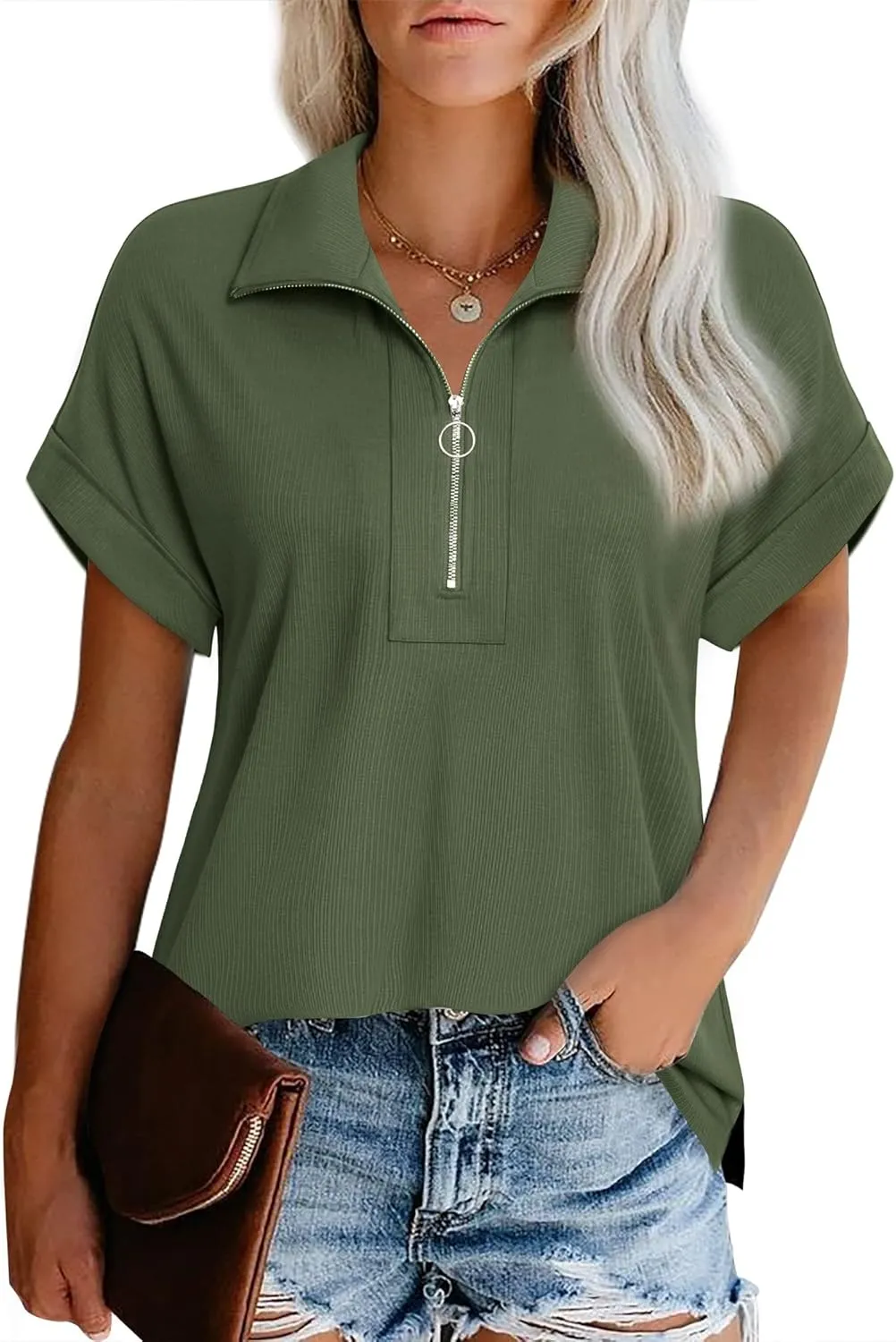 Vivilli Women's Short Sleeve Tops and Blouses Zipper Collar V Neck Business Casual Tops Loose Fit Tunic Shirt Polo Shirts