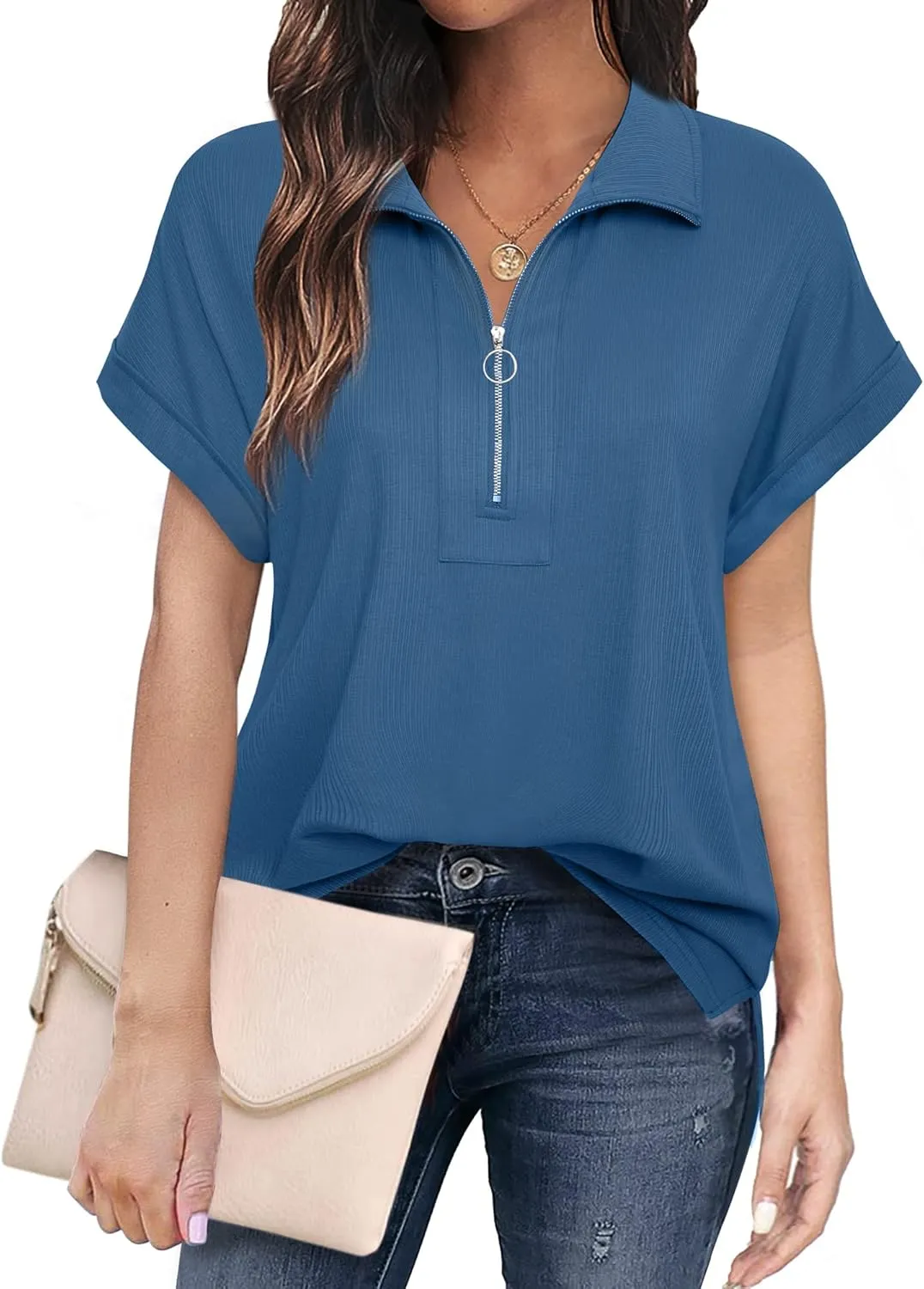 Vivilli Women's Short Sleeve Tops and Blouses Zipper Collar V Neck Business Casual Tops Loose Fit Tunic Shirt Polo Shirts