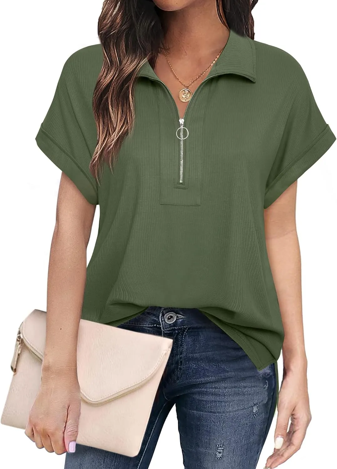 Vivilli Women's Short Sleeve Tops and Blouses Zipper Collar V Neck Business Casual Tops Loose Fit Tunic Shirt Polo Shirts
