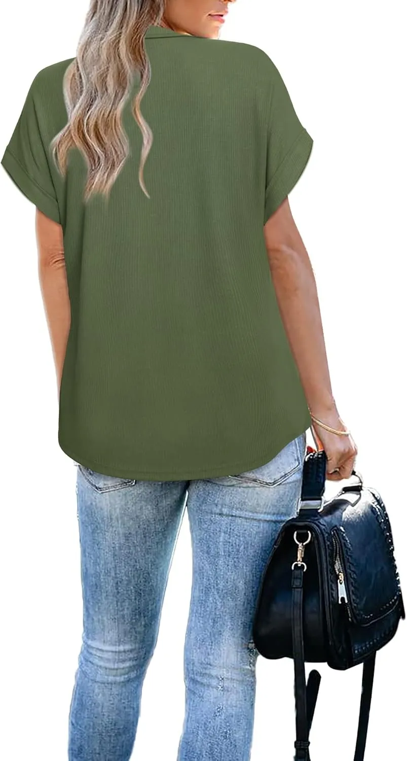 Vivilli Women's Short Sleeve Tops and Blouses Zipper Collar V Neck Business Casual Tops Loose Fit Tunic Shirt Polo Shirts