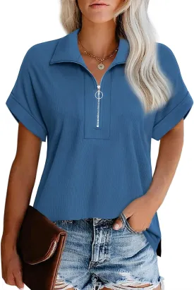 Vivilli Women's Short Sleeve Tops and Blouses Zipper Collar V Neck Business Casual Tops Loose Fit Tunic Shirt Polo Shirts
