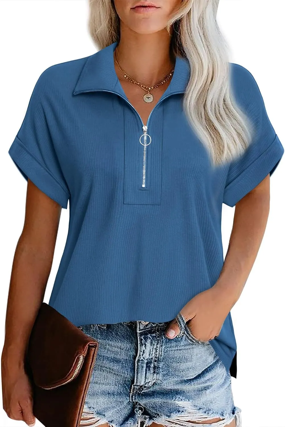 Vivilli Women's Short Sleeve Tops and Blouses Zipper Collar V Neck Business Casual Tops Loose Fit Tunic Shirt Polo Shirts