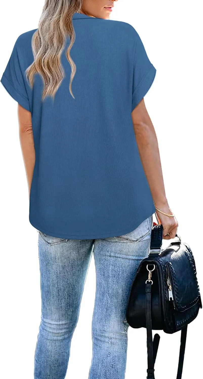Vivilli Women's Short Sleeve Tops and Blouses Zipper Collar V Neck Business Casual Tops Loose Fit Tunic Shirt Polo Shirts