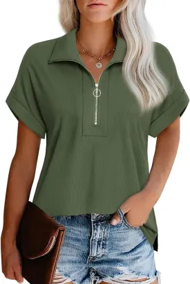 Vivilli Women's Short Sleeve Tops and Blouses Zipper Collar V Neck Business Casual Tops Loose Fit Tunic Shirt Polo Shirts