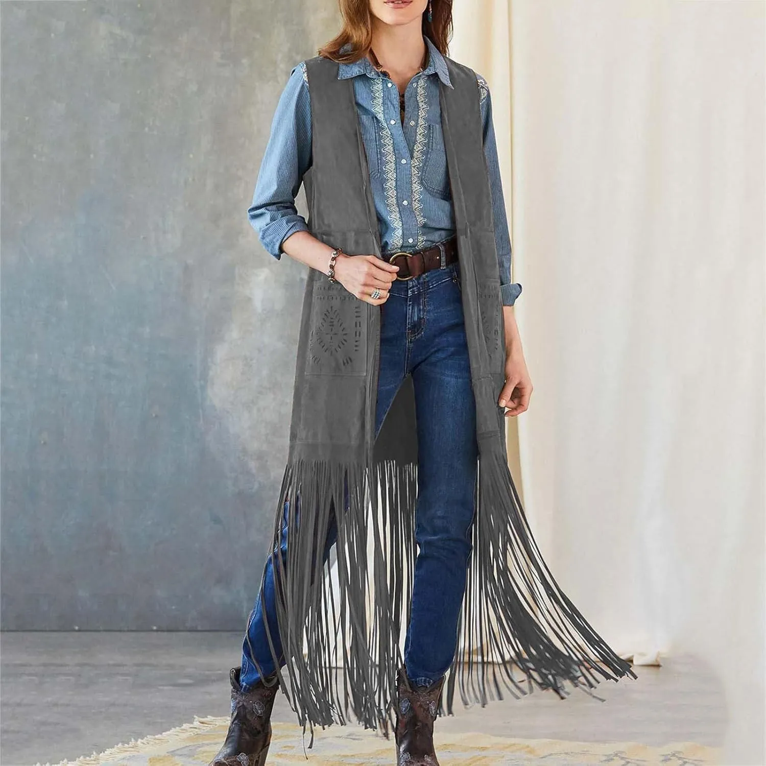 Women Fashion Faux Suede Tassel Long Jacket Sleeveless Fringe Coat Hippie Jacket Tops with Pockets