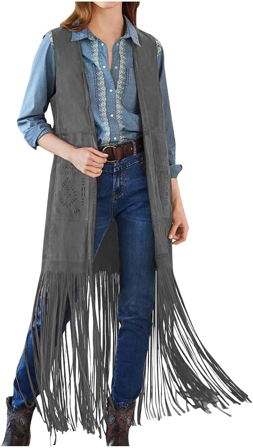 Women Fashion Faux Suede Tassel Long Jacket Sleeveless Fringe Coat Hippie Jacket Tops with Pockets