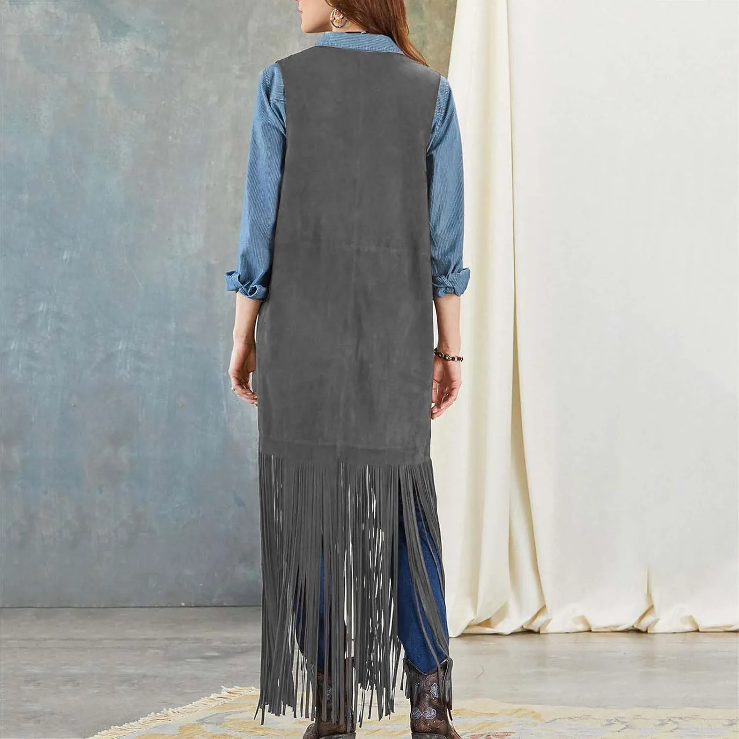 Women Fashion Faux Suede Tassel Long Jacket Sleeveless Fringe Coat Hippie Jacket Tops with Pockets