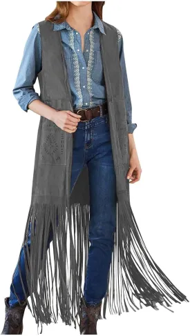 Women Fashion Faux Suede Tassel Long Jacket Sleeveless Fringe Coat Hippie Jacket Tops with Pockets