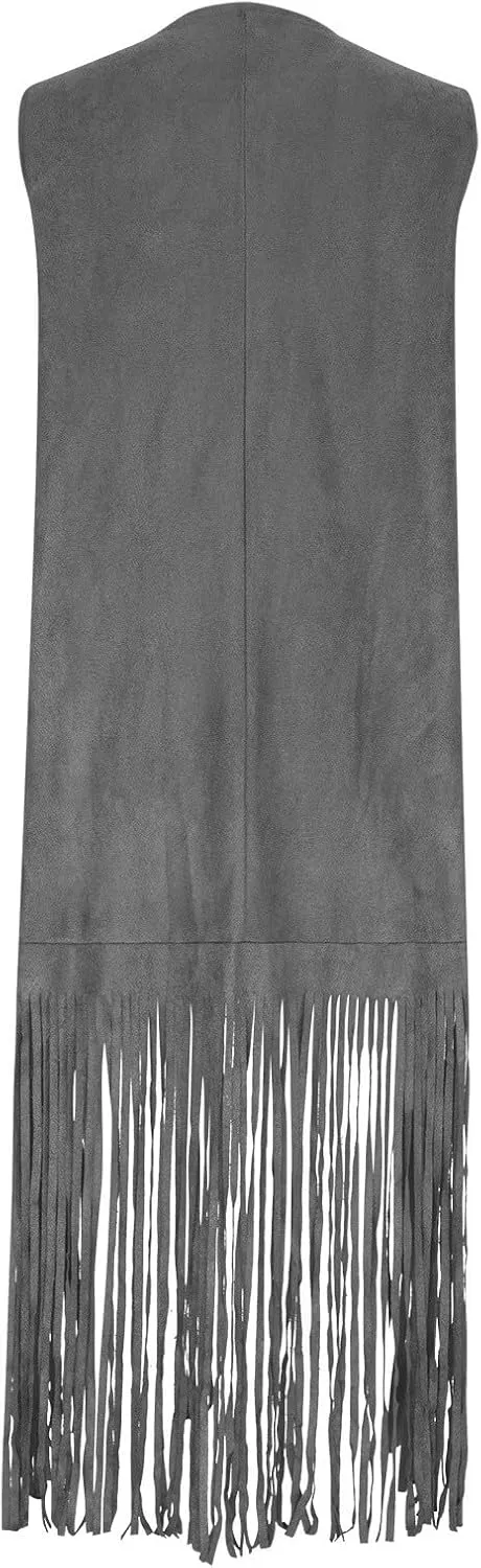 Women Fashion Faux Suede Tassel Long Jacket Sleeveless Fringe Coat Hippie Jacket Tops with Pockets