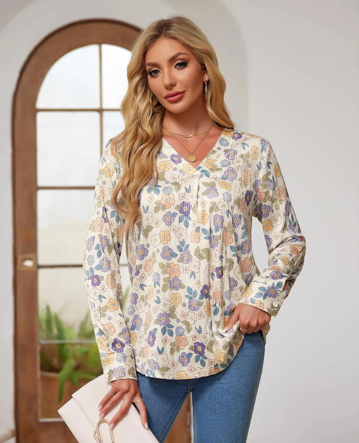 Womens 3 4 Sleeve Blouse Long Sleeve Business Casual Tunic Tops V Neck Work Tops Textured Dressy Casual Shirts