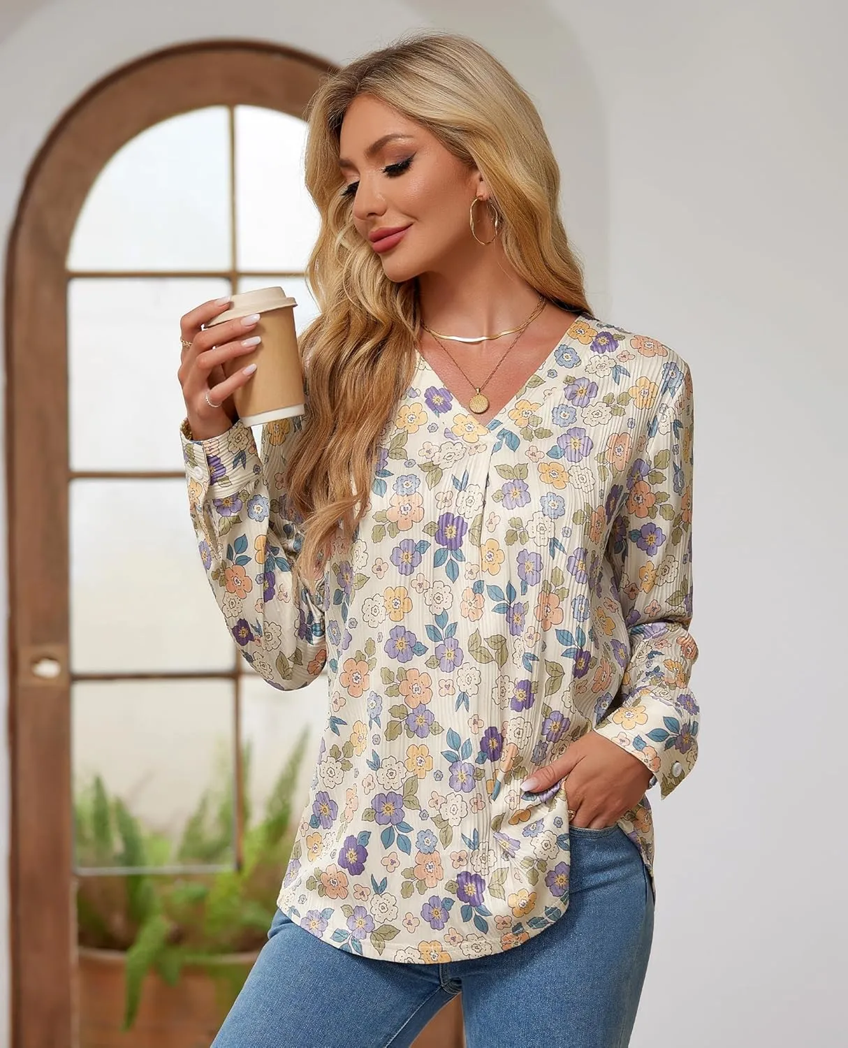 Womens 3 4 Sleeve Blouse Long Sleeve Business Casual Tunic Tops V Neck Work Tops Textured Dressy Casual Shirts