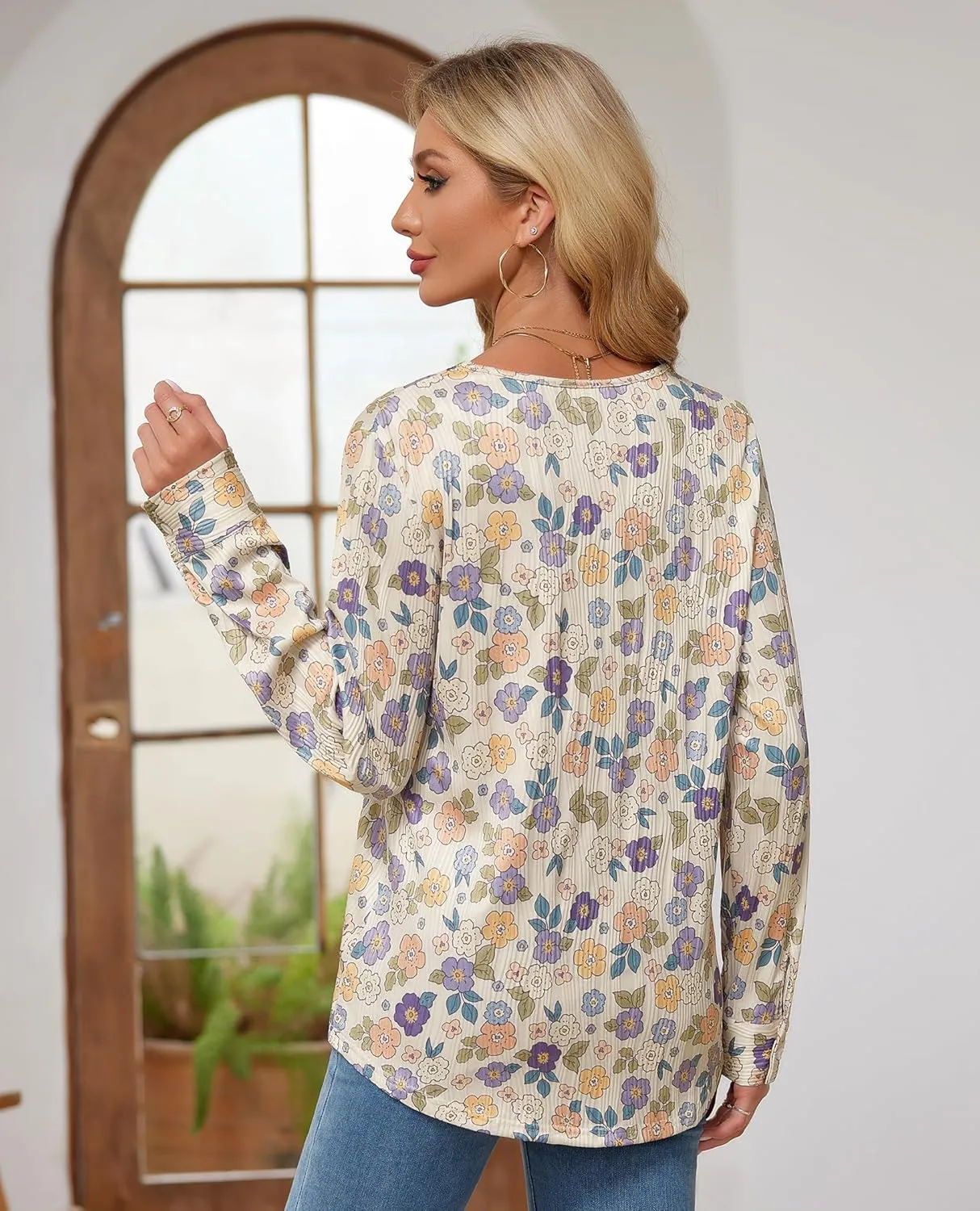 Womens 3 4 Sleeve Blouse Long Sleeve Business Casual Tunic Tops V Neck Work Tops Textured Dressy Casual Shirts