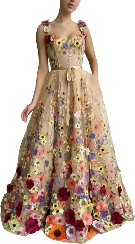 Women's 3D Flowers Floral Tulle Prom Dresses A-Line Evening Gowns Formal Party Dress