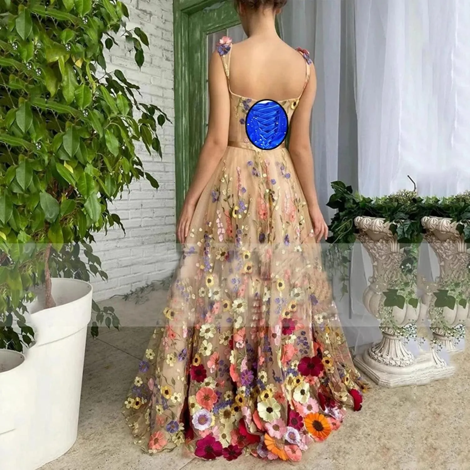 Women's 3D Flowers Floral Tulle Prom Dresses A-Line Evening Gowns Formal Party Dress
