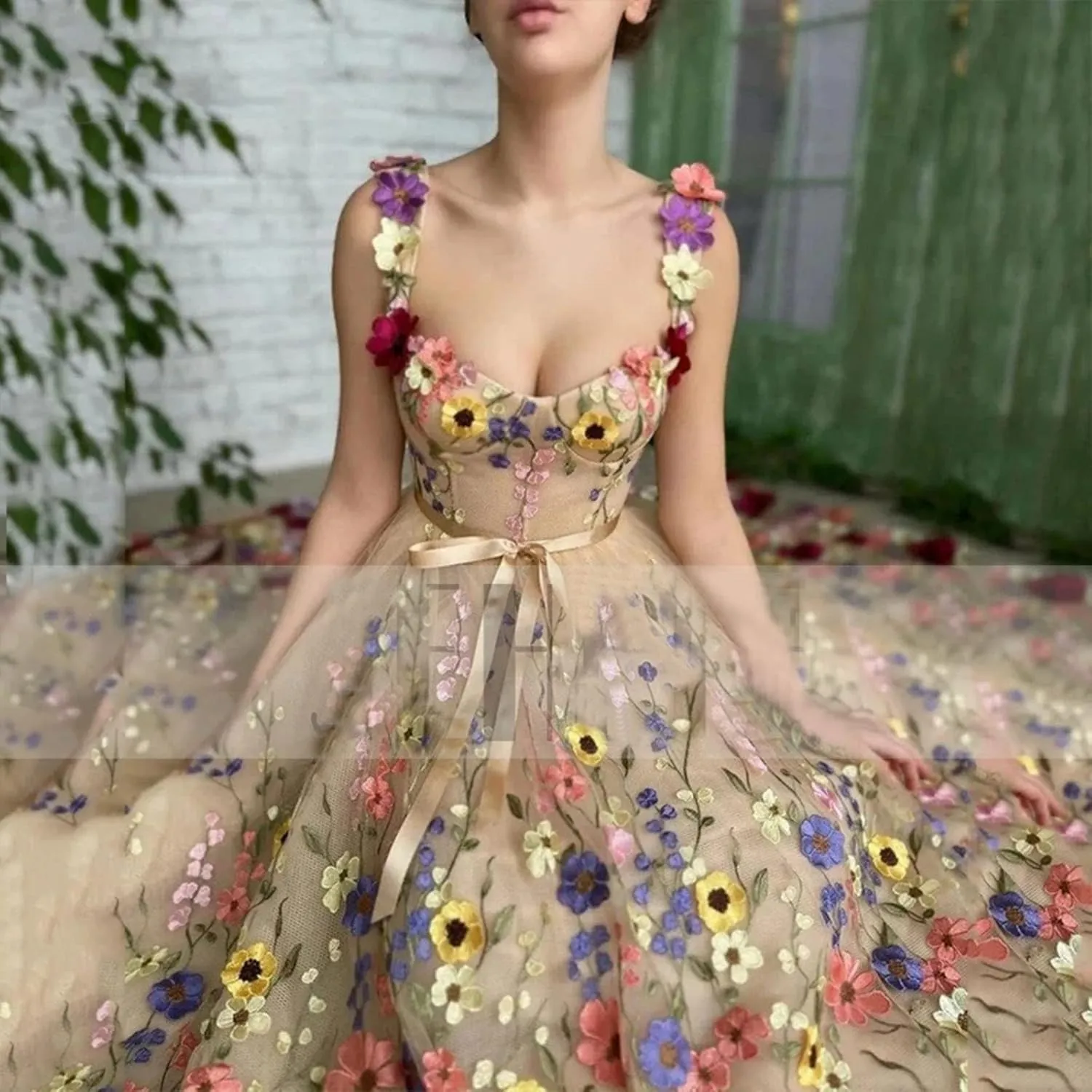 Women's 3D Flowers Floral Tulle Prom Dresses A-Line Evening Gowns Formal Party Dress