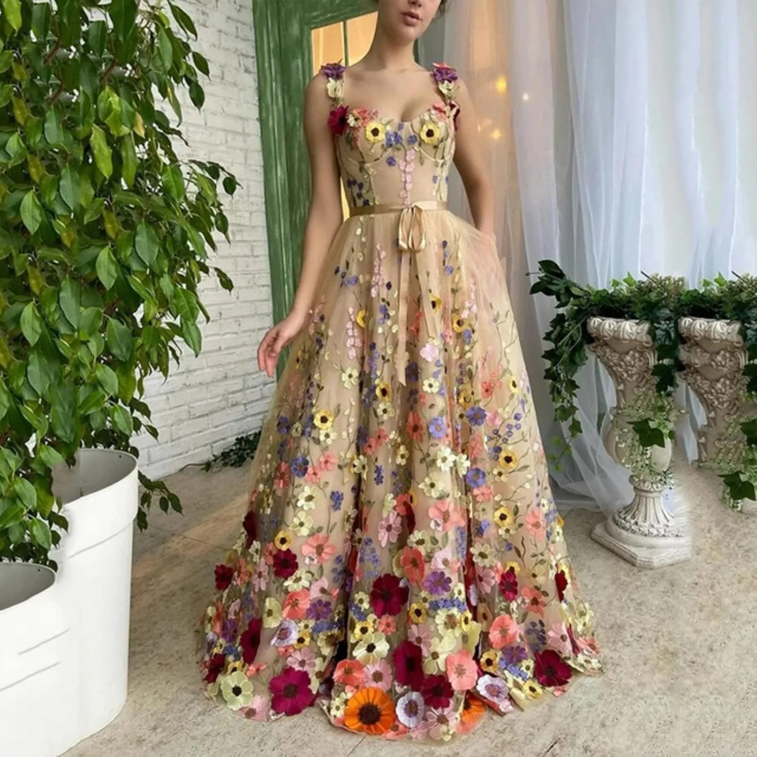 Women's 3D Flowers Floral Tulle Prom Dresses A-Line Evening Gowns Formal Party Dress