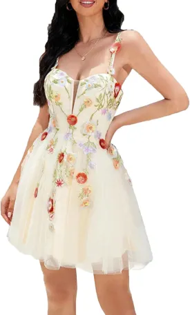 Women's 3D Flowers Floral Tulle Prom Dresses A-Line Evening Gowns Formal Party Dress