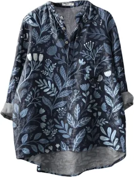 Womens Fish Print Blouses Casual Flowy Shirts Loose 3/4 Length Sleeve Floral Tops V-Neck Vintage Linen Art Outfits