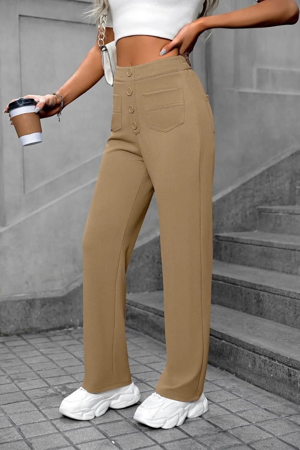 Women's High Waisted Straight Leg Trousers Casual Loose Fit Stretchy Pants with Button for Business Work Office Wear