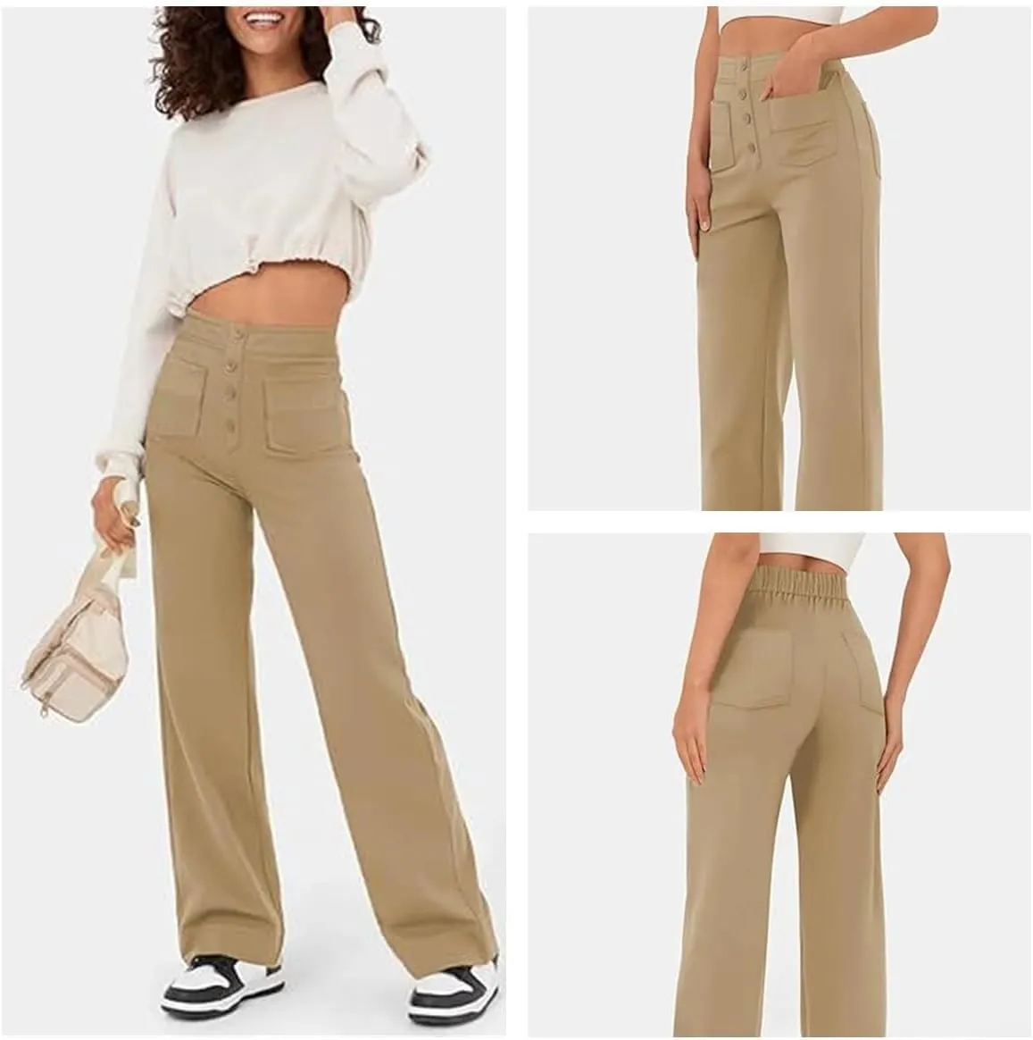 Women's High Waisted Straight Leg Trousers Casual Loose Fit Stretchy Pants with Button for Business Work Office Wear