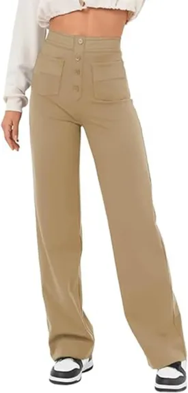 Women's High Waisted Straight Leg Trousers Casual Loose Fit Stretchy Pants with Button for Business Work Office Wear