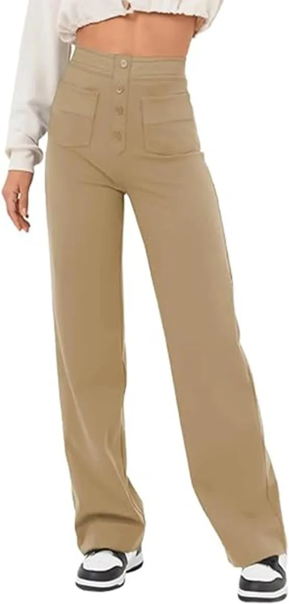 Women's High Waisted Straight Leg Trousers Casual Loose Fit Stretchy Pants with Button for Business Work Office Wear