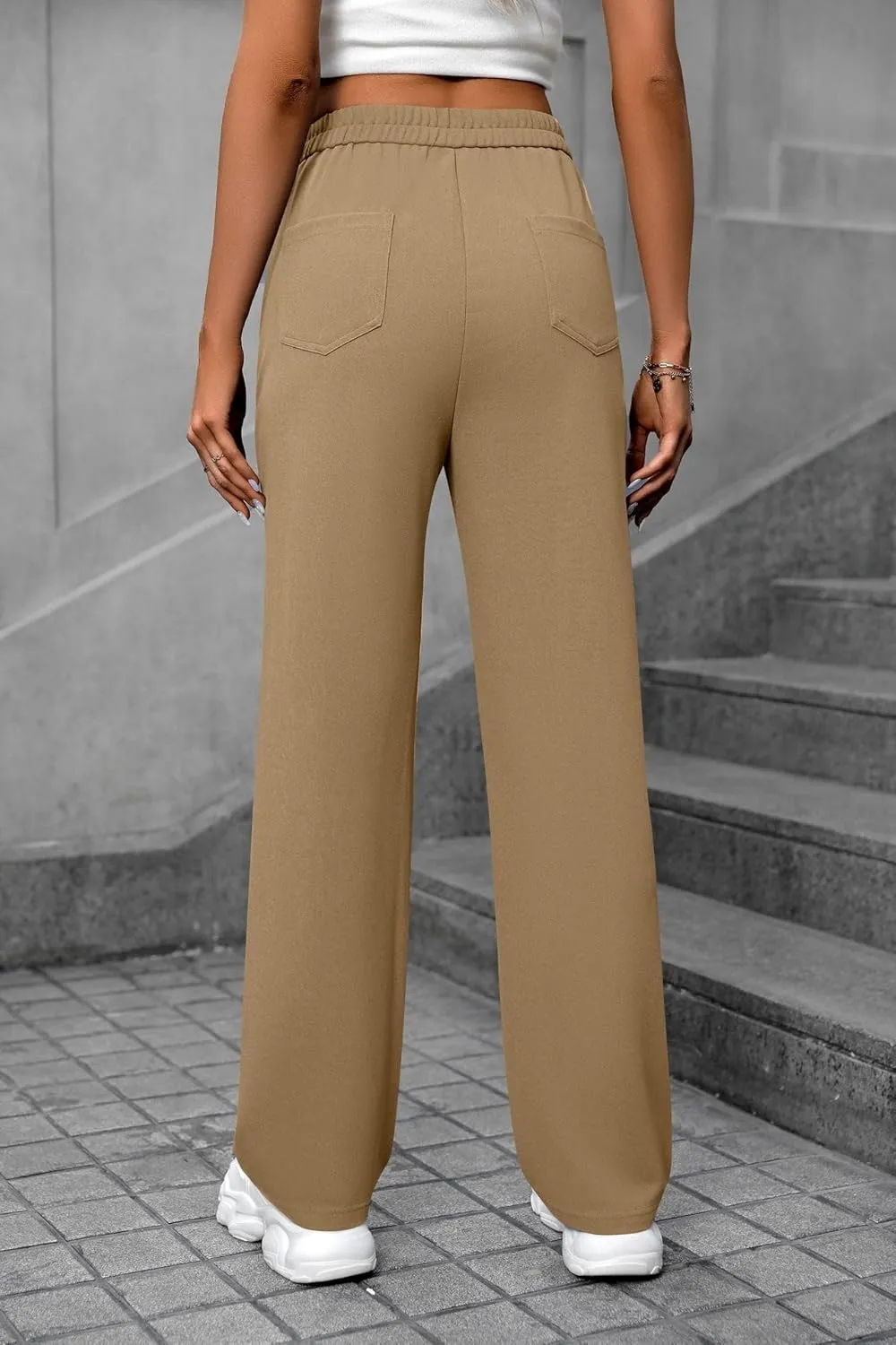 Women's High Waisted Straight Leg Trousers Casual Loose Fit Stretchy Pants with Button for Business Work Office Wear