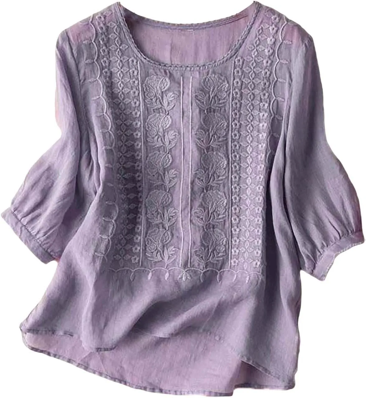 Womens Linen Shirt Short Sleeve Shirts Summer Loose Crew Neck Casual Boho Top Vintage Embroidered Outfits Blouse