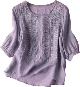 Womens Linen Shirt Short Sleeve Shirts Summer Loose Crew Neck Casual Boho Top Vintage Embroidered Outfits Blouse