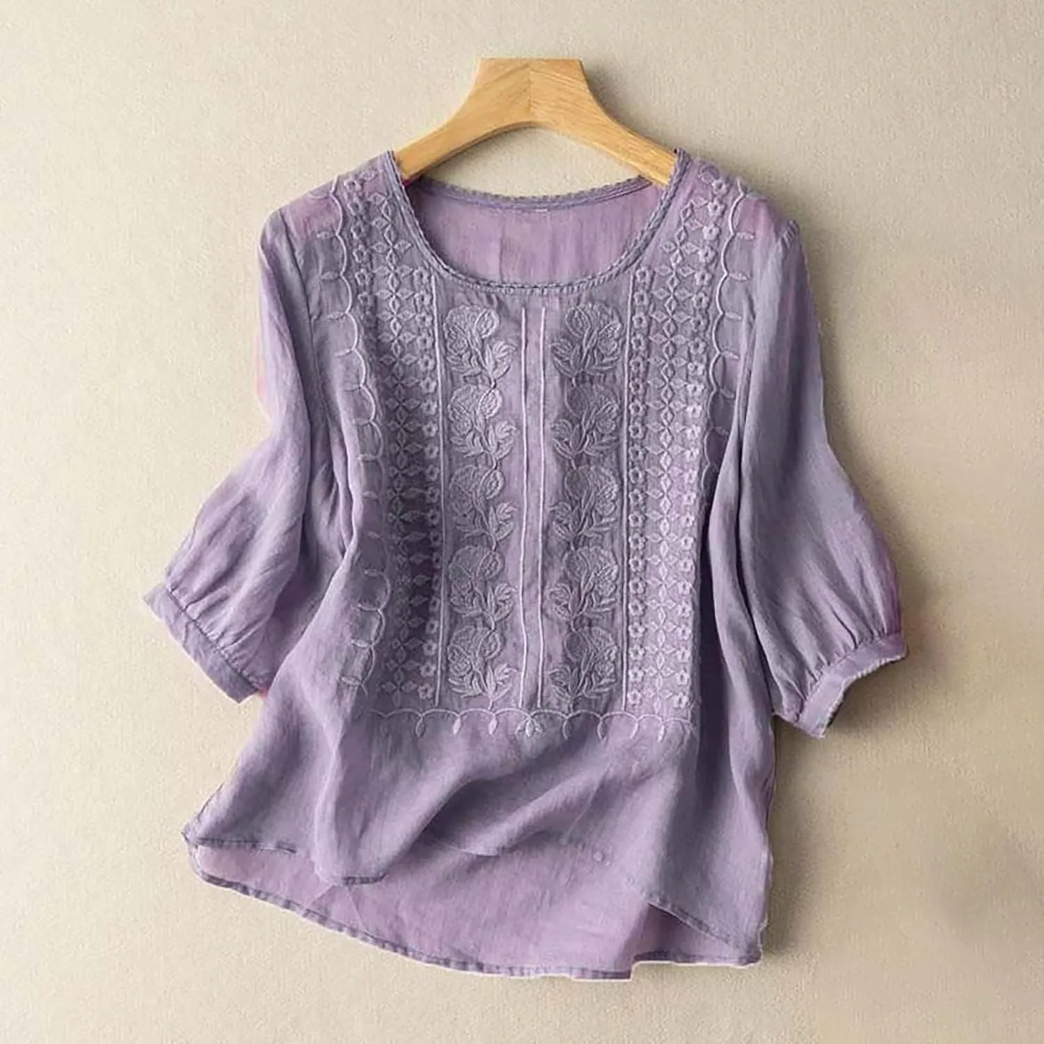 Womens Linen Shirt Short Sleeve Shirts Summer Loose Crew Neck Casual Boho Top Vintage Embroidered Outfits Blouse