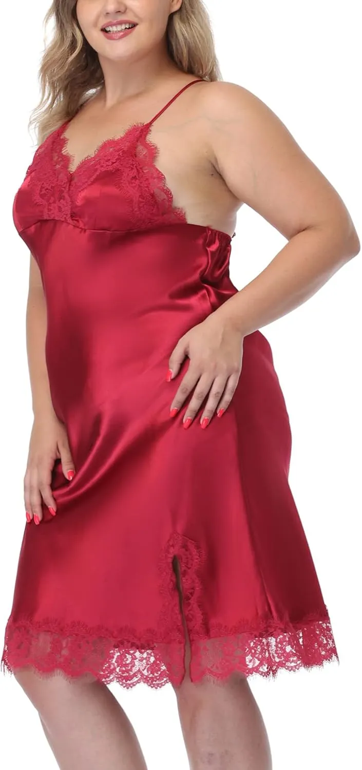 Women's Plus Size Satin Slip Nightgown Lace Chemise Lingeries Sexy Slit Negligees Sleepwear Bridal Lingerie