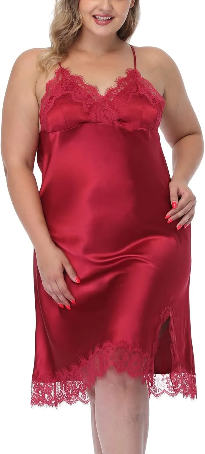 Women's Plus Size Satin Slip Nightgown Lace Chemise Lingeries Sexy Slit Negligees Sleepwear Bridal Lingerie