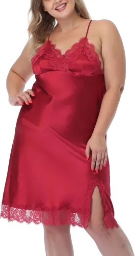 Women's Plus Size Satin Slip Nightgown Lace Chemise Lingeries Sexy Slit Negligees Sleepwear Bridal Lingerie