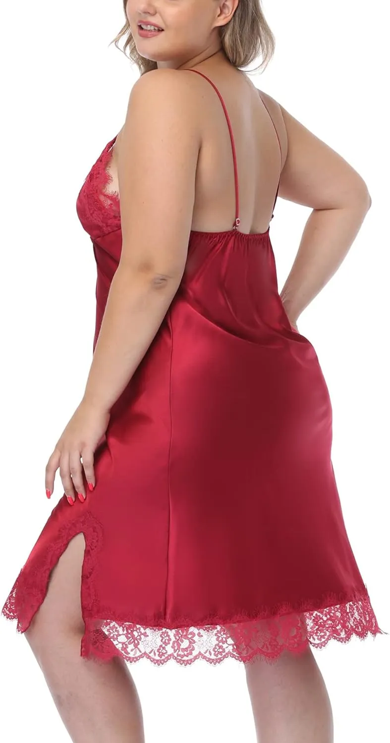 Women's Plus Size Satin Slip Nightgown Lace Chemise Lingeries Sexy Slit Negligees Sleepwear Bridal Lingerie