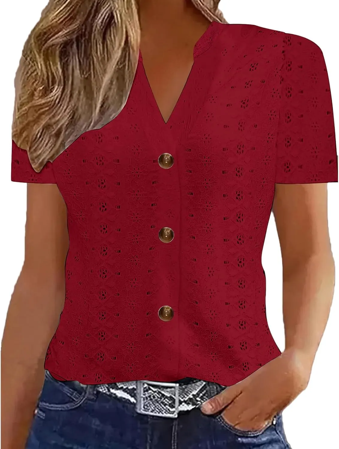 Womens V Neck Knit Tops Short Sleeve Button Blouses Hollow Out Eyelet Shirts Summer Casual Loose Tunic Tees
