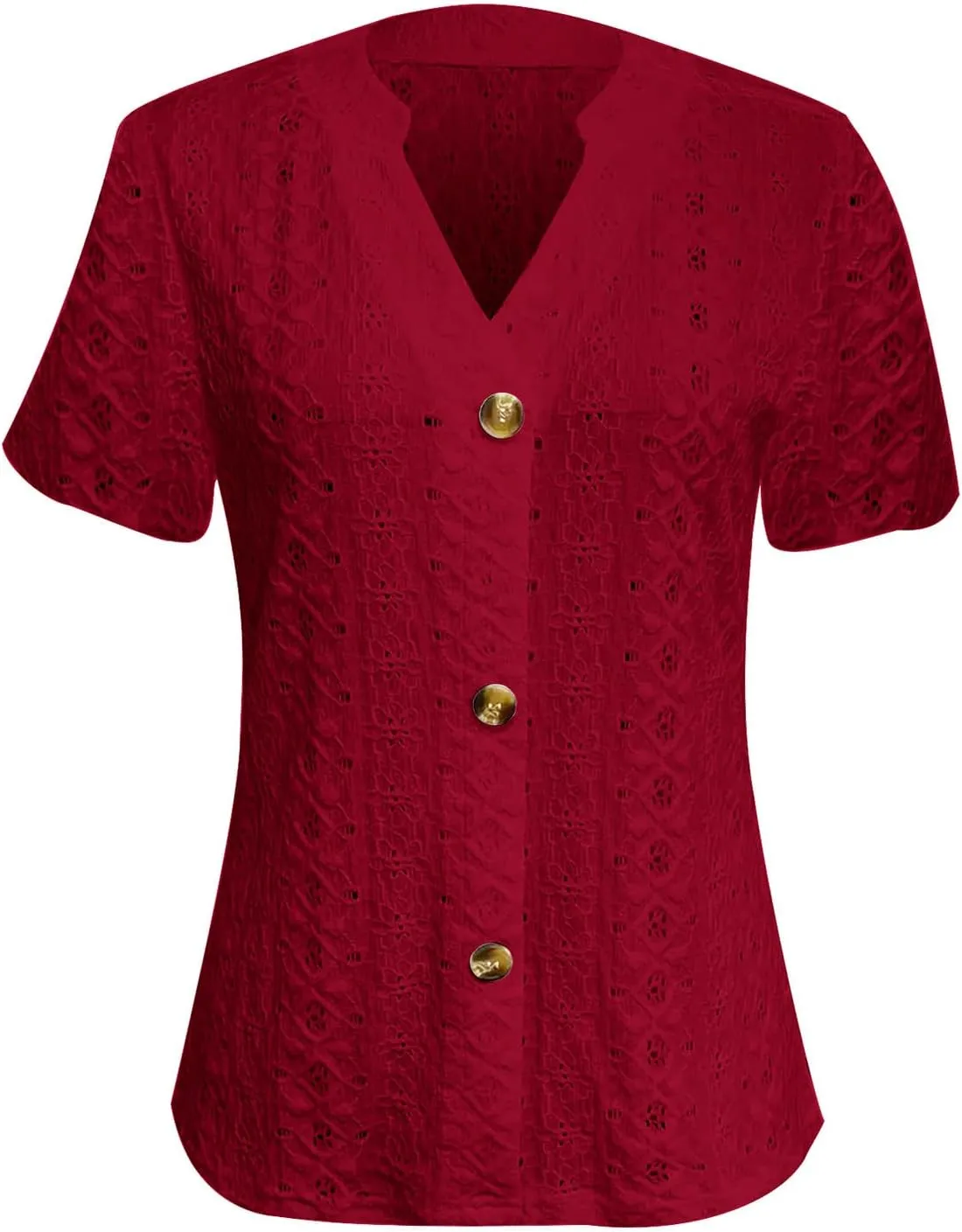 Womens V Neck Knit Tops Short Sleeve Button Blouses Hollow Out Eyelet Shirts Summer Casual Loose Tunic Tees