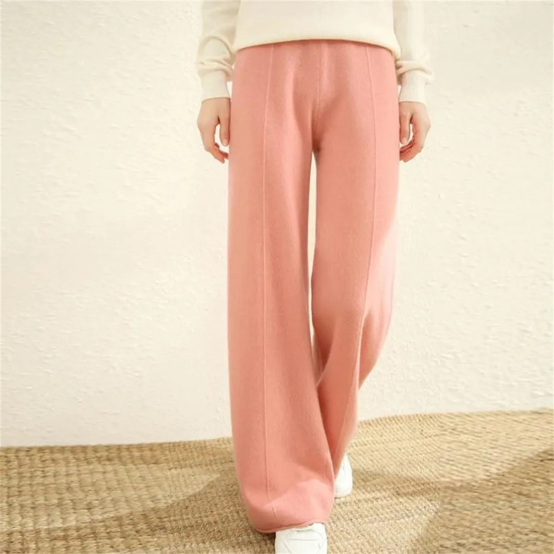 Women's Winter Solid Color Wool Knitted Wide Leg Pants High Waisted Pants Floor Pants