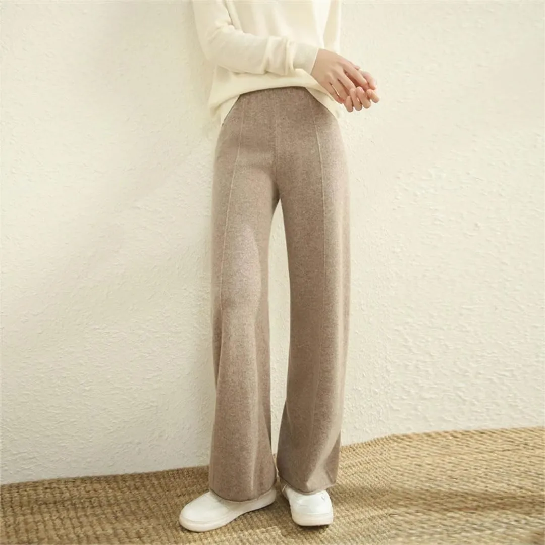 Women's Winter Solid Color Wool Knitted Wide Leg Pants High Waisted Pants Floor Pants