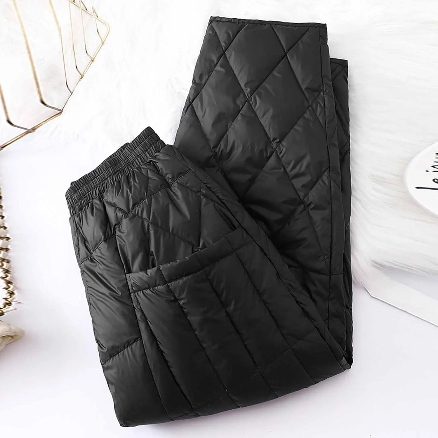 Women's Winter Warm Loose Utility Down Pants Windproof Padded Quilted Puffer Pants High Waisted Ski Snow Trousers
