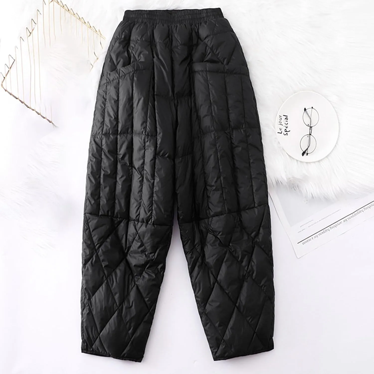 Women's Winter Warm Loose Utility Down Pants Windproof Padded Quilted Puffer Pants High Waisted Ski Snow Trousers